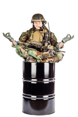 soldier meditating. Isolated on a white background
