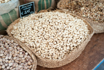 Fine cashew nuts at market stall