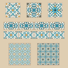 Vector set of Portuguese tiles and borders. Collection of colored patterns for design and fashion