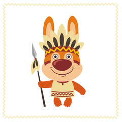 Funny bunny rabbit in costume of american Indian with spear. Indian bunny rabbit in cartoon style.