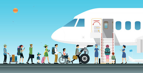 Plane passengers are scheduled to board the plane with flight attendants. © intararit