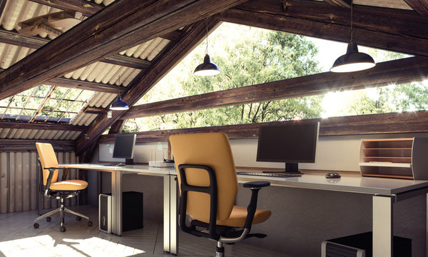 Modern interior design of barn office, nature, ecology, countryside, escape