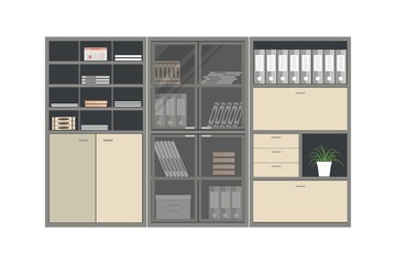 Office cabinets with documents isolated on a white background. On the shelves are folders, books, a calendar, a flower in a pot, sheets of paper and other things. Vector flat illustration.