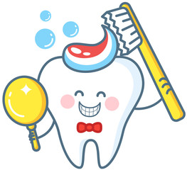 Cartoon Tooth With Toothpaste And Mirror