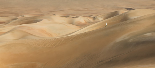 Fototapeta premium young man walking in the sand dunes of Liwa desert