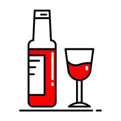 A bottle of Wine and a glass icon. Colors blue, red and black.