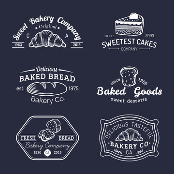 Vector set of vintage bakery logos. Retro emblems collection with sweet biscuit, cupcake etc. Hipster pastry icons.