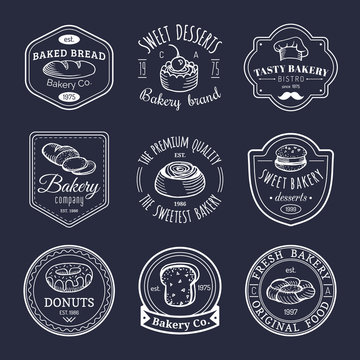 Vector set of vintage bakery logos. Retro emblems collection with sweet biscuit, cupcake etc. Hipster pastry icons.
