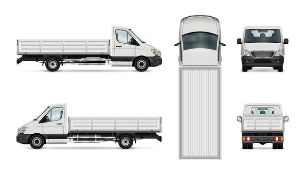 Flatbed truck vector illustration. Isolated white lorry. All layers and groups well organized for easy editing and recolor. View from side, back, front and top.