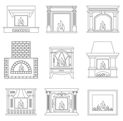 Contour fireplace. Icons of different fireplace in outline style. Vector illustration.