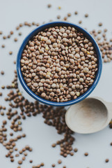 Lentils vegetarian food in ceramic bowl on a white table.