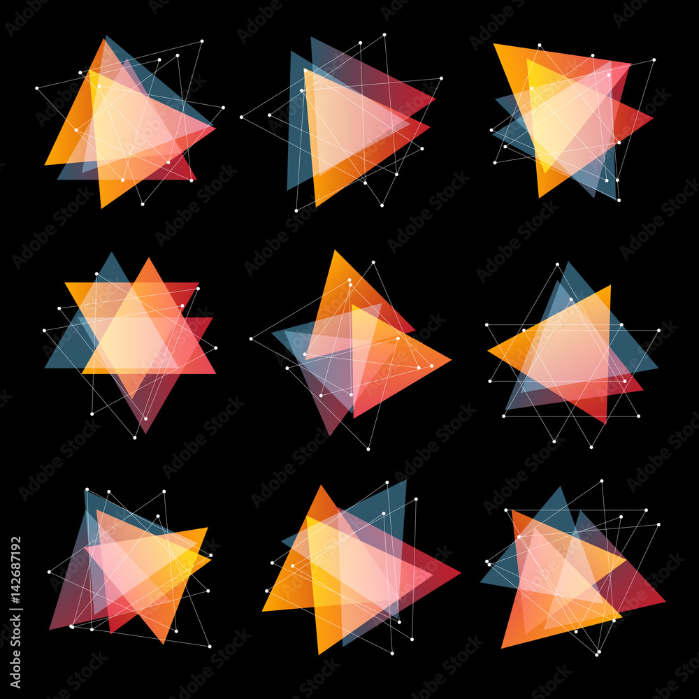 Poster isolated abstract pink and orange color triangles logo set on black background, geometric triangular