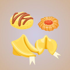 Different cookie homemade breakfast bake cakes isolated and tasty snack biscuit pastry delicious sweet dessert bakery eating vector illustration.