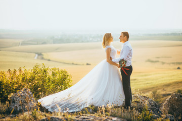 Fototapeta na wymiar stylish gorgeous couple newlyweds standing on the rocks in the mountains