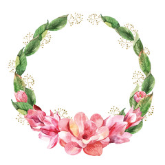 Floral wreath with watercolor magnolia