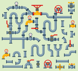 Details pipes different types collection of water tube industry gas valve construction and oil industrial pressure technology plumbing vector illustration.