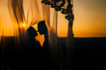 wedding couple covered with bridal vail at sunset