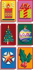 Six Christmas symbols: a candle, a gift bag, a Christmas tree