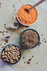 variety of bean seeds in a bowl. On rustic background.