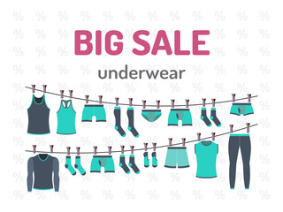 Banner sale underwear with great discounts in vector, flat style. Flyer design for shop men underwear