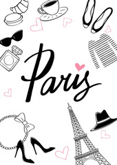 Bicycle_paris7/Paris. Vector hand drawn illustration with Eiffel tower. Fashionable accessories.