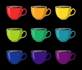 Rainbow set of nine tea cups isolated on black background. Vector illustration.
