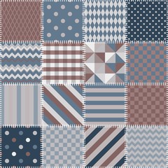 Seamless patchwork pattern from square patches. Vector illustration. Quilting design background.