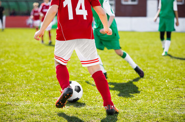 Football Soccer Match for Children. Kids Soccer Teams Playing Tournament Game on Pitch. Boys Running and Kicking Football Ball. Youth Soccer Footballers Competition