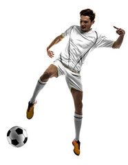 Professional football player on white background
