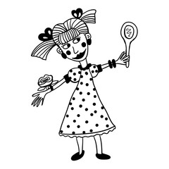 Drawing coloring, girl-modna donning jewelry, make-up and spins in front of the mirror, sketch, graphics ink hand drawn doodle vector illustration