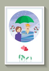 Wedding invitation or greeting card with cute loving couple under and umbrella. Vector illustration. Valentines day.