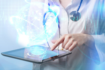 Doctor working on a virtual screen. medical technology concept