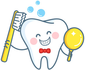 Cartoon Tooth With Toothpaste And Mirror
