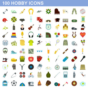 100 hobby icons set, flat style