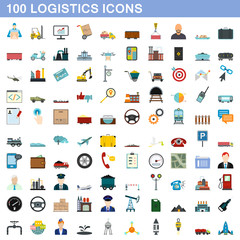 100 logistics icons set, flat style