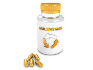 3d illustration of a bottle of multivitamin with gold capsules on a white background.