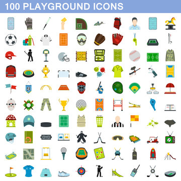 100 playground icons set, flat style