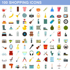 100 shopping icons set, flat style
