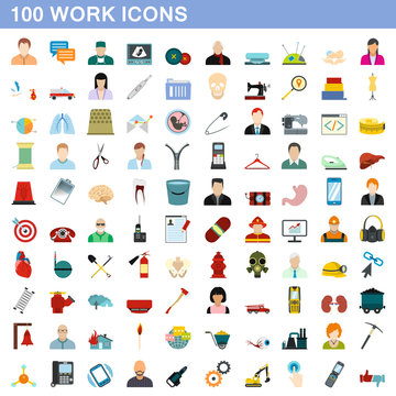 100 work icons set, flat style