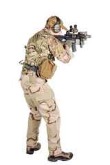 Portrait soldier or private military contractor holding automatic rifle. war, army, weapon, technology and people concept. Image on a white background.
