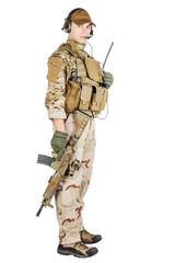 Obraz premium Portrait soldier or private military contractor holding sniper rifle. war, army, weapon, technology and people concept. Image on a white background.