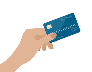 Hand holding credit card. Vector illustration. Isolated on White background. Simple flat style. Design template for business, payment history, bank, finance.