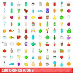 100 drink icons set, cartoon style