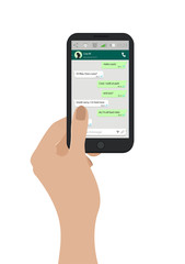 Hand holding mobile phone. Vector illustration. Social network concept. Messenger window. Chating and messaging concept.