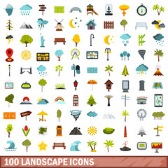 100 landscape icons set, flat style