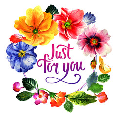 Wildflower Primrose flower wreath in a watercolor style isolated.