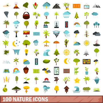 100 nature icons set, flat style