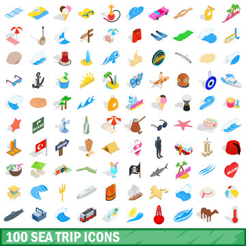 100 sea trip icons set, isometric 3d style
