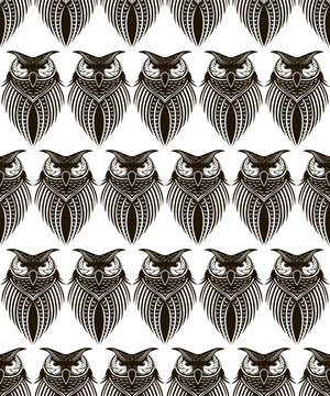 Seamless pattern with black owls on a white background