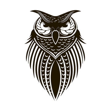 Black painted owl on white background, tattoo